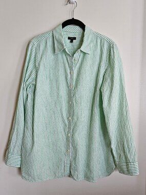 Talbots Green White Striped Linen Shirt LP